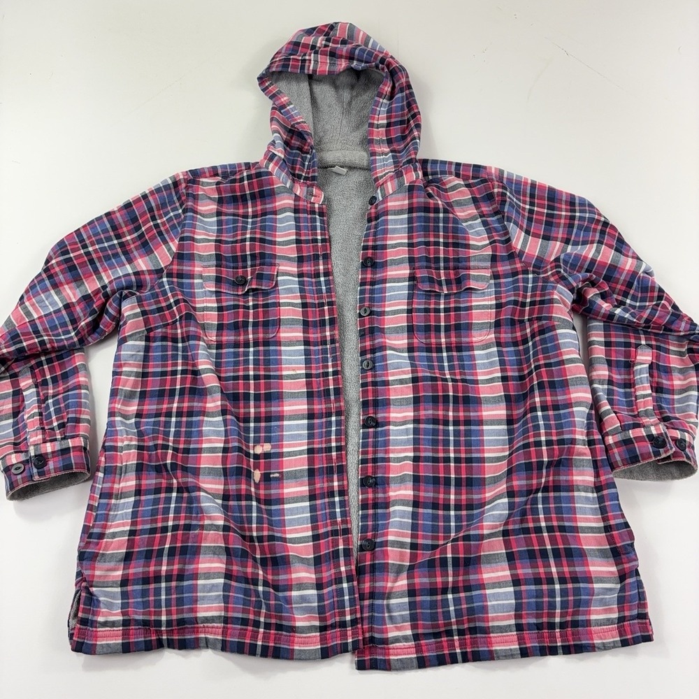 L.L. Bean Jacket Womens 1X Multicolor Plaid Hooded Flannel Button Front